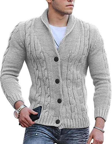 Cardigan Homme Boutons col châle Casual Pull Hiver Chaud Tricot torsadé Coupe ajustée Leger Pulls col v Grande Taille Manche Longue épais Pullover Basic Couleur Unie Quotidien Ideal Manteau