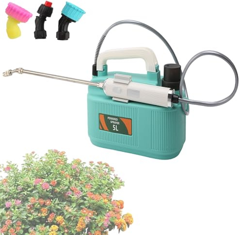 Battery Powered Garden Sprayer 5L, USB Rechargeable Electric Weed Sprayer Water Sprayer with 3 Mist Nozzles, Retractable Wand and Adjustable Shoulder Strap for Garden Lawn Watering, Fertilizing