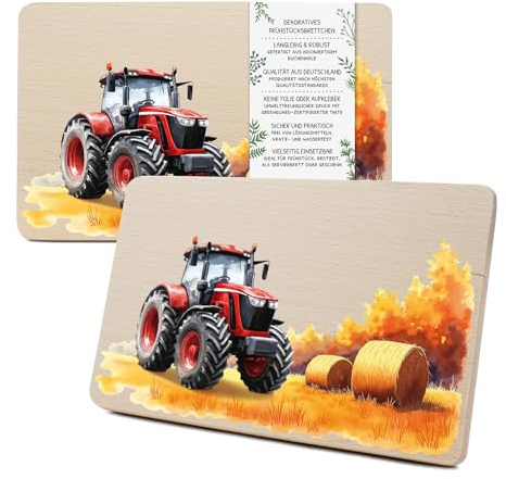 Yabaduu Individuelles Holzbrett für Kinder 23,5x15cm Frühstücksbrettchen Brotzeitbrett personalisiert aus Holz Tier-Motiv als Geschenk Geburtstag Kind RV007 (26 Traktor rot, Ohne Wunschname)