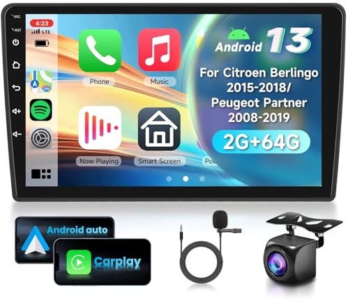 2G 64G VECHTEL 9 Radio para Coche con Bluetooth para Citroen Berlingo 2015-2018/Peugeot Partner 2008-2019 Carplay Android Auto,Android 15,EQ,WiFi GPS,RDS/FM Radio con cámara de visión Trasera AHD