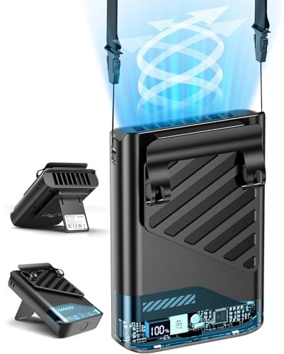 Gemmac 4-in-1 Mini Tragbarer Ventilator mit LED-Display, 4000mAh Power Bank mit Ventilator Akku Schreibtisch/Hüfte/Hals/Handheld Fan 5 Geschwindigkeiten Clip Halsventilator für Büro, Camping, Outdoor
