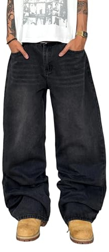 QGRSWBC Mens Wide Leg Jeans Super Baggy Pants Y2k Loose Fit Denim Jeans Skater Trousers Streetwear Black Grey XL