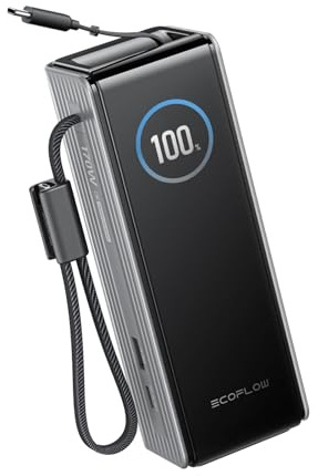 EcoFlow Powerbank 25000mAh 170W mit 100W Integrierte Einziehbare Kabel, 100W USB C Laptop Powerbank Tragbares Ladegerät für iPhone 17/16/15 Series, MacBook, Samsung, Silber