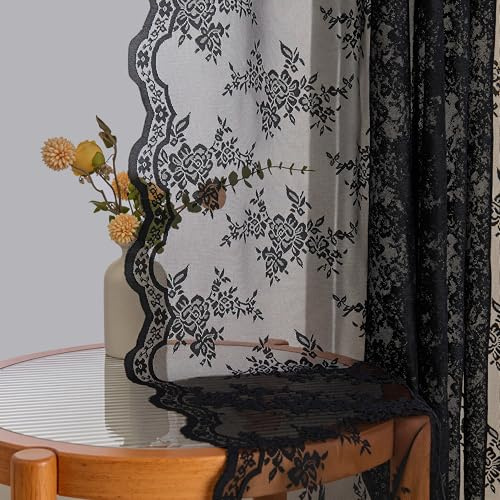MYSKY HOME Gardinen Spitze Vorhänge mit Kräuselband Vintage Transparent | Schwarz,2er Set,H175 x B140 cm,Landhaus Gardine Boho,Blumen Bestickte Spitzengardinen,Modern Dekoschal für Wohnzimmer