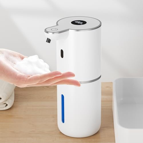 Fantictas Seifenspender Automatisch, Elektrischer Schaumseifenspender mit Display, USB-Wiederaufladbarer,6-Stufig Einstellbar, 380ml Wandmontage für Badezimmer/Küche/Geschirrspülmittel, Weiß