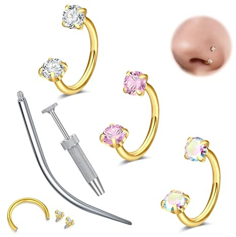 WillTen 18G Septum Piercing Gold Hufeisen Piercing, Doppel Edelstein Hufeisen Nasenring Nose Ring, Edelstahl Knorpel Helix Tragus Ohrring Creolen Labret Lippenpiercing Horseshoe Schmuck