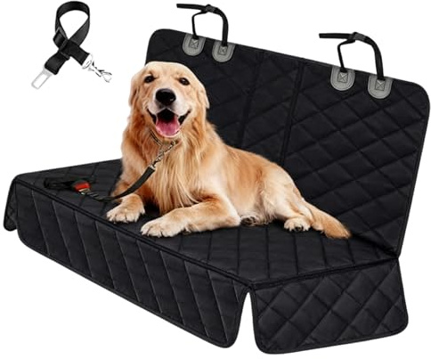 GOMETY Hundedecke Auto Rückbank, 135x120cm Wasserdicht Kratzfest rutschfest Autoschondecke Hund Rücksitz mit Sicherheitsgurt, Universelle Hundeschutzdecke Rückbank für Auto SUV LKW Schwarz