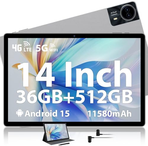 MAXLEGEN Tablet 14 Zoll, 36GB RAM+512GB ROM/1TB TF SIM Tablet, 2K Touch Display, 4G LTE+5G WiFi, Android 15, Octa-Core, 4 Lautsprecher, 13MP, 11580mAh, GMS, GPS, Tablets mit Pen/Hülle/Kopfhörer