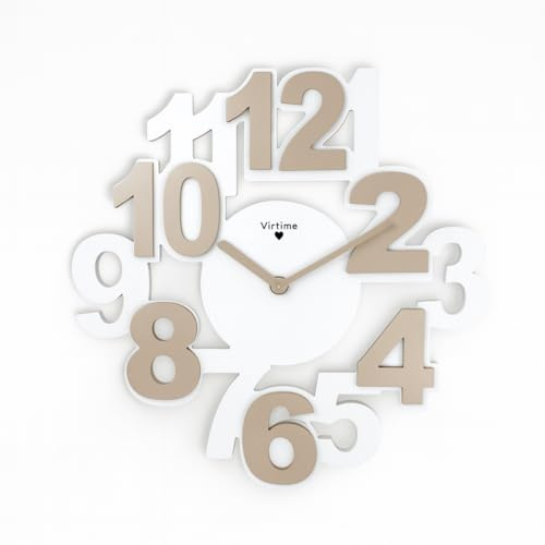 VIRTIME Orologio da parete, Orologio a muro con numeri grandi, orologio particolare diametro 35 bicolore (Bianco e Tortora)