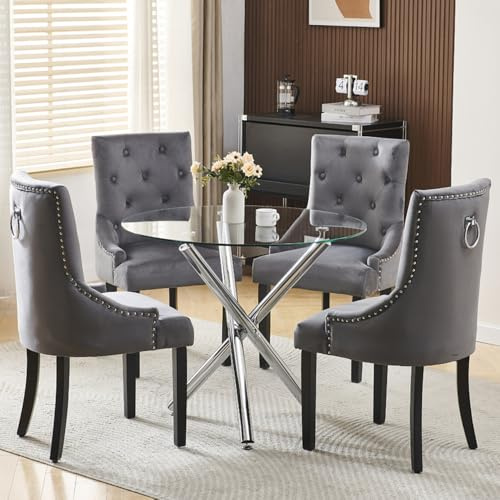 BonChoice Modern Round Glass Dining Table and Chairs Set 4, 5 Piece Round Dining Room Table Set, Glass Table with 4 Dark Gery Velvet Knocker Dining Chairs Space Saving