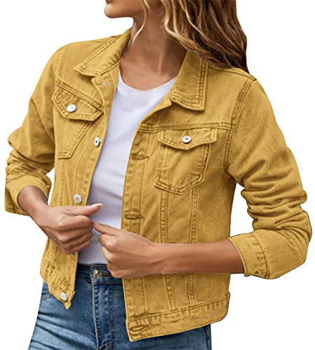 Jeansjacka dam kort midja, jeanskappa dam vinter övergångsjacka med knappar långärmad casual fritidsjacka med fickor sweatjacka lätt streetwear mode kofta kavajjacka denim, GUL, L