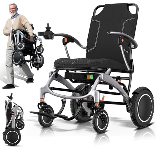 ZQHQKJ Elektrischer Rollstuhl Faltbar Leicht 11,8 kg, Carbonfaser + Aluminium, 18–50 km Reichweite, 150 kg Tragfähigkeit, Für Senioren Reisen, 4-Federung, Ultra-Leicht Klappbar,30ah