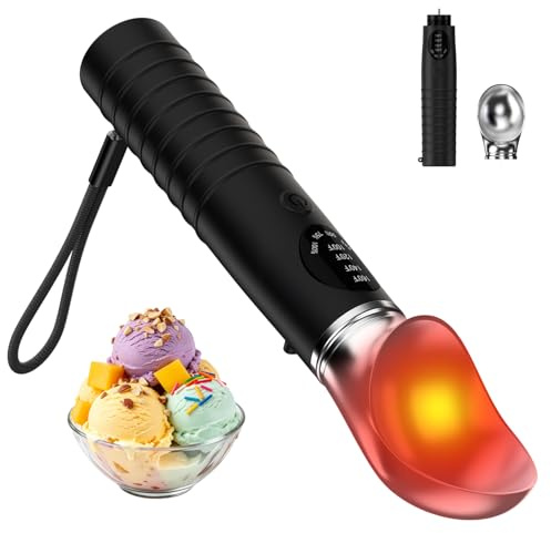 Eisportionierer Elektrisch Beheizt, Abnehmbarem Eislöffel mit 4 Temperaturstufen, Wiederaufladbarer Ice Cream Scoop Edelstahl mit LED-Display, IP67 Eiskugelportionierer für Hartes Eis Gelato (Schwarz)