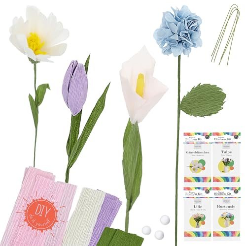 Cepewa Papierblumen Bastelset DIY 4er Set | Krepppapier Styropor Mehrfarbig 13,5x26x2cm | Tulpe Lilie Gänseblümchen Hortensie | Kreativset Dekoblumen selber Machen