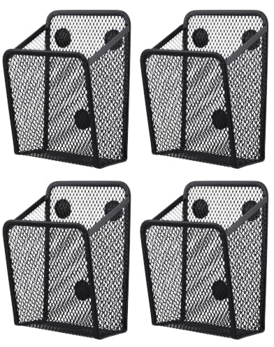 JIEHIN 4 Stück Magnetischer Stiftehalter Schwarz, Metall Mesh Stifthalter Magnetisch Schreibtisch Organizer, Netz Magnetische Aufbewahrungskorb für Kühlschrank Whiteboard Bürobedarf