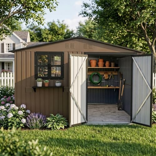 Casetta per attrezzi da giardino 295 x 243,6 cm (7,19 m²), Capanni da esterno in acciaio zincato con due finestre apribili, porte con serratura e ripiano per piante, impermeabile