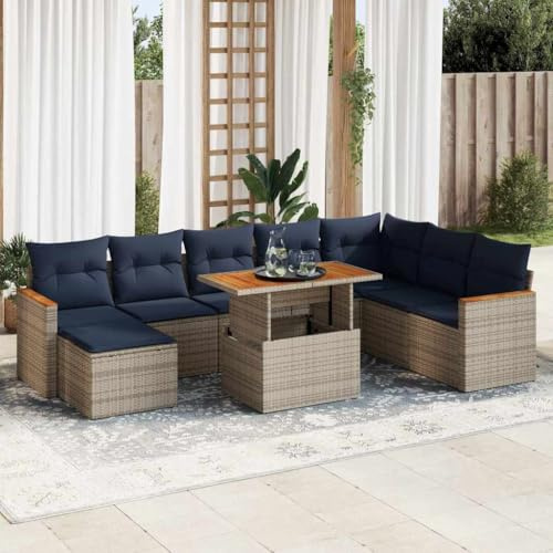 LoogCape trädgårdsmöbler set 9 delar med polyrotting, väderbeständig loungesoffa, bord, pall, kudde, balkongdekor, terrass, veranda, utomhus, platsbesparande