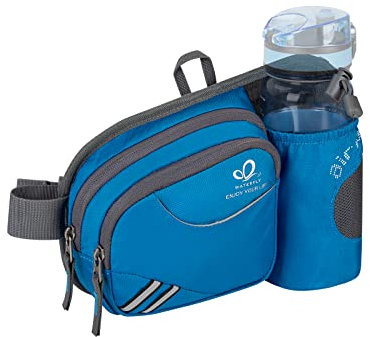 WATERFLY Gürteltasche Bauchtasche mit Flaschenhalter Damen und Herren, Atmungsaktiv Sport Hüfttasche für Laufen Radfahren Camping Klettern Reisen Wandern Joggen Hundetraining Blau