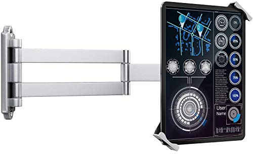 AboveTEK Tablet Wall Mount - Fits 7 to 11 Inch Tablets Including Pad, Galaxy Tab, Slate, Fire and More -Anti Theft Security Lock and Key - Adjustable Long Arm Articulating Swivel Holder - Silver
