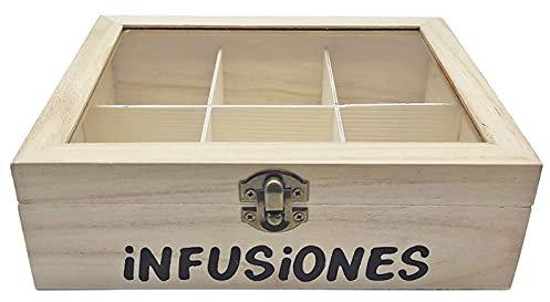 Acan Caja de Madera Infusiones con 6 Compartimentos y Tapa de Cristal 6,5 x 20,5 x 15,5 cm. Caja de Almacenamiento para Guardar infusiones con Ventana Transparente