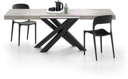 MOBILI FIVER, Ausziehbarer Esstisch Emma 140(220) x90 cm, Grauer Beton mit Schwarzen gekreuzten Beinen, Made In Italy