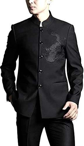 HFU Chinese Tang Suit Mens Mandarin Collar Slim Fit Long Sleeve Jacket Traditional Dragon Embrodiery Casual Coat Tops (89# Black Jacket, XL)