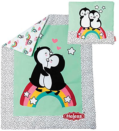 Heless 1000 - Puppen-Wendebettdecke mit Kissen im Pinguin Pünktchen Design, für süße Puppen-Träume