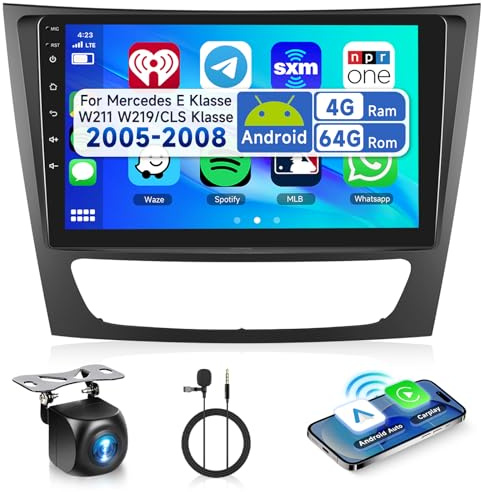 2+64G Podofo 9 Autoradio für Mercedes E Klasse W211 W219/CLS Klasse 2005-2008 Carplay Android Auto Wireless,Airplay,Radio 2 Din Bluetooth mit Bildschirm RDS/FM WiFi GPS Navi +AHD Rückfahrkamera