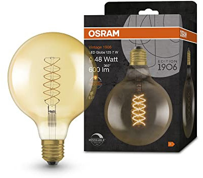 OSRAM Lamps Vintage 1906 LED-Lampe Gold-Tönung,7W,600lm,Kugel-Form 125mm Durchmesser&E27-Sockel,warmweiße,spiralförmiges Filament,dimmbar,bis 15.000 Stunden Lebensdauer,4058075761674,48W-Ersatz