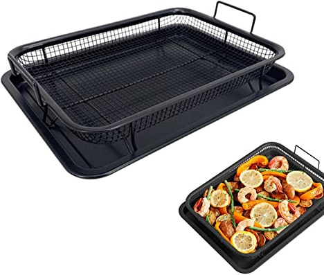CEIEVER Grillkorg, Grillgaller, Låg Fetthalt, Ugn, 33,5 x 22 cm, Rostfritt Stål, Svart, Non-Stick Beläggning, För Grillning, Tvätt Av Meloner, Frukt Och Grönsaker Och För Dränering (Kvadrat)