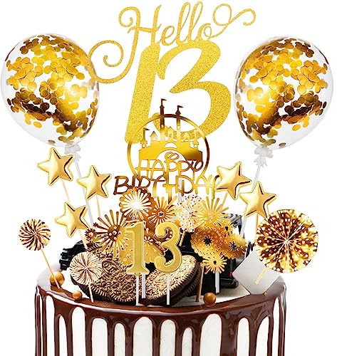 Kuchen Deko 13. Geburtstag 17 Pcs Cake Topper 13 Jahre Mädchen und Jungen Teenager Tortendeko Official Gold