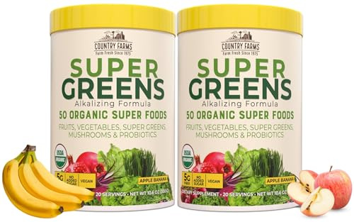 Country Farms Super Greens Apple Banana Powder Smoothie, Organic Super Foods, USDA Organic Drink Mix, Fruits, Vegetables, Mushrooms, Superfood Nutrition, 40 Servings, 2 Pack