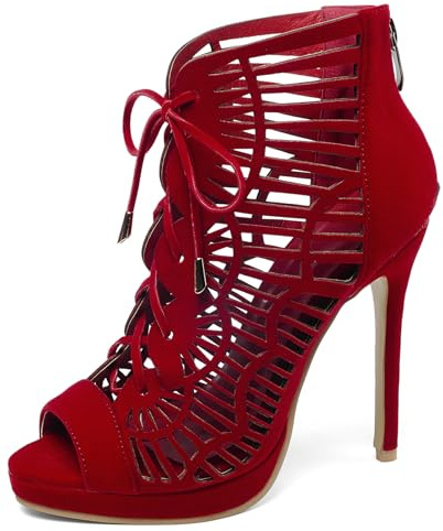 Lroey Reoly Sandales Femme, Sandales Gladiateur à Bout Ouvert et Talon Haut Zip Aiguille Sandales avec Plateforme Lacet, 17333Hhv Rouge Taille 45 EU