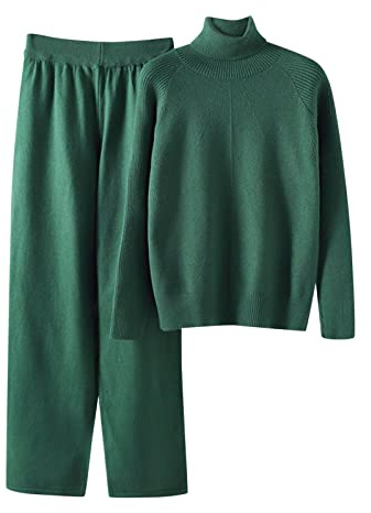YCBMINGCAN Damen Strickset Herbst und Winter Strickanzug Stehkragen Pullover Lange Hosen Lose Zweiteiler Skianzug Damen Set (C-Green, One Size)
