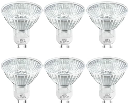 GU10 Halogen Bulb 120V 50w Halogen Light Bulbs, MR16 GU10+C with Glass Cover for Track & Recessed Lighting, Range Hood Light, Candle Warmer Lamp, 2700K Warm White, Dimmable, Pack of 6