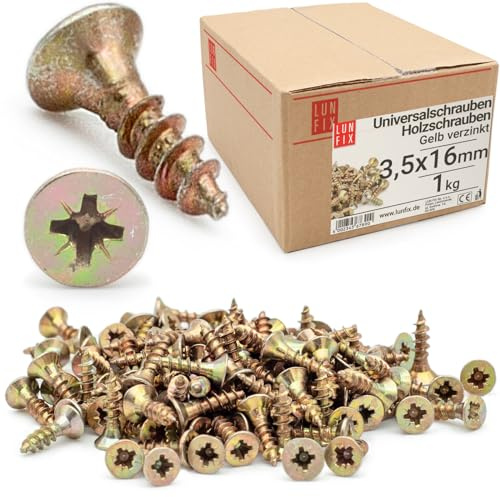 Tornillos universales para madera 3,5x16 mm (1kg - 1330 Uds.), autorroscantes cabeza plana cruz PZ2, amarillos zincados multiusos para aglomerado, bricolaje y metal Lun Fix