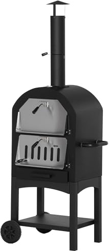 Outsunny Forno per Pizza e Barbecue a Carbone Portatile, Forno a Legna per Esterno con Ruote in Acciaio con Camino e Ripiano Inferiore, 63x54x161 cm, Nero