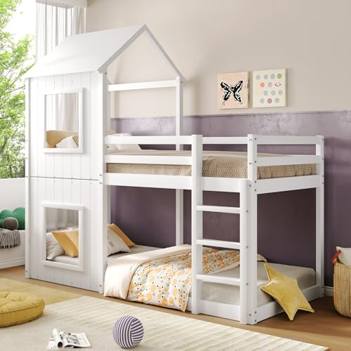 Zravenna Kinder Hausbett Etagenbett 90x200 cm, Kinderbett 2 Kinder mit Treppe, Kinderhochbett Holzbett für Mädchen und Jungen (Weiß)