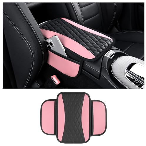 Mejorado Funda Reposabrazos Coche Universal,Piel de Microfibra Funda Apoyabrazos Coche Universal con 2 Bolsillos,Funda Reposabrazos Accesorios Coche Interio rpara VehíCulos (Rosa)