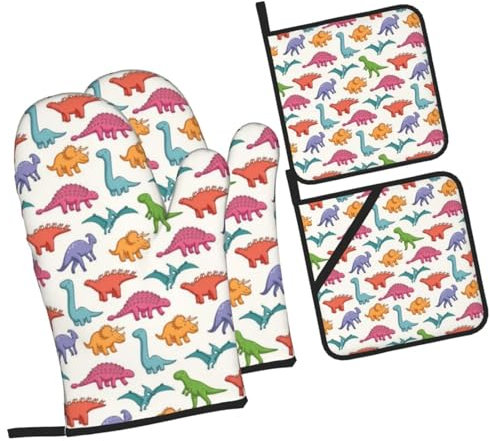 4 Pezzi Presine E Guanti Da Forno Cute Dinosaurs Guanti Da Barbecue Divertenti Guanti Da Cucina Ultra Spessi Guanti Termoisolanti Per Campeggio, Cucina, Bbq
