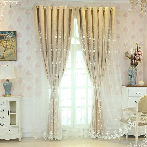 Bishilin Verdunklungsvorhänge Khaki 102x183CM, Vorhänge Blickdicht Ösen 2 Set Nordisch Doppellagig mit Spitze Stickerei Blumen Motiv Gardinen Verdunkelnd Wohnzimmer Jugendzimmer Schlafzimmer