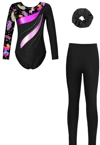ranrann Justaucorps Gymnastique Fille Legging et Bandeau Tenue Gymnastique Ballet Danse Patinage pour Enfant Noir 7-8 ans