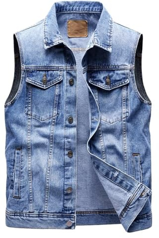 duzhengzhou Herren Jeansweste Ärmellos Jeansjacke mit 6 Taschen Biker Weste(Blue,XL)