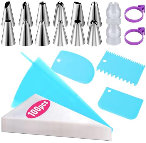 120 pcs Piping Bags and Nozzles Sets,1 Reusable Piping Bags,2 Couplers,2 Bag Ties,12 Nozzles,3 Blue scrapers,Icing Bags Disposable for Cake Cupcake Dessert Cookies Decoration