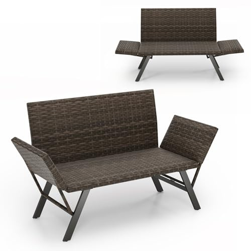 COSTWAY Polyrattan Gartenbank mit Liegefunktion, Gartensofa mit schnelltrocknender Schaumstoffpolsterung & verstellbaren Armlehnen, Balkonbank bis 300 kg belastbar, Sitzbank für Garten, Balkon