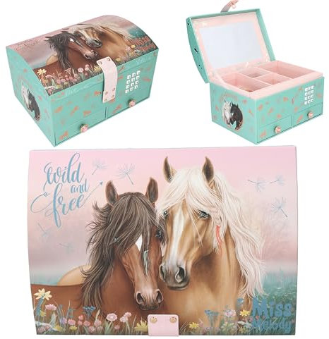 Depesche 13612 Miss Melody - Grande boîte à bijoux turquoise et rose, avec motif de chevaux et or rose, boîte à bijoux avec code, son et miroir