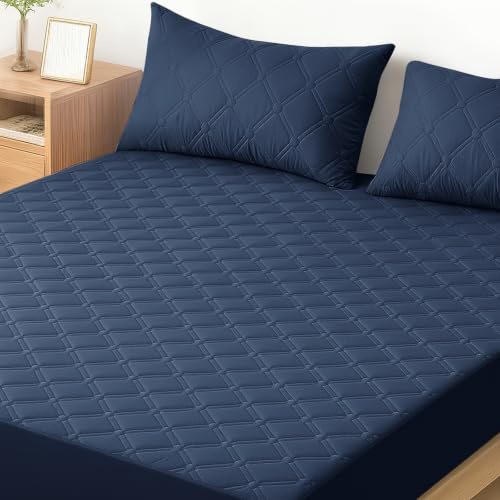 Ystyle Protege Matelas Impermeable 90x190 CM, Protection Matelas Anti-Acariens Bonnet Jusqu'à 30cm, Protège Matelas Matelassé Lavable, Mattress Protector Élastique Tout Autour, Bleu Foncé