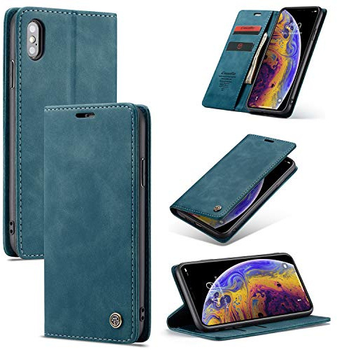 Cracedily Coque pour iPhone X Pochette, Etui Protection Housse Premium en Cuir PU, Etui à Rabat Pochette de Portefeuille Étui pour iPhone X Case, Bleu Vert
