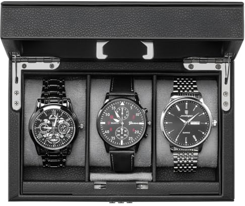 ProCase Caja para 3 Relojes, Guardarrelojes Estuche PU con Cierre Seguro Relojero Organizador Watch Box para Hombre (Negro)