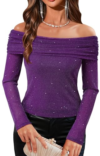 VAFOLY Sequin Tops for Women：Off The Shoulder Tops for Women - Purple Glitter Top Christmas Elegant Shirts 2025 - Fall Long Sleeve Fancy Blouse Evening Day Party Outfit Sexy Sparkly Purple 2XL